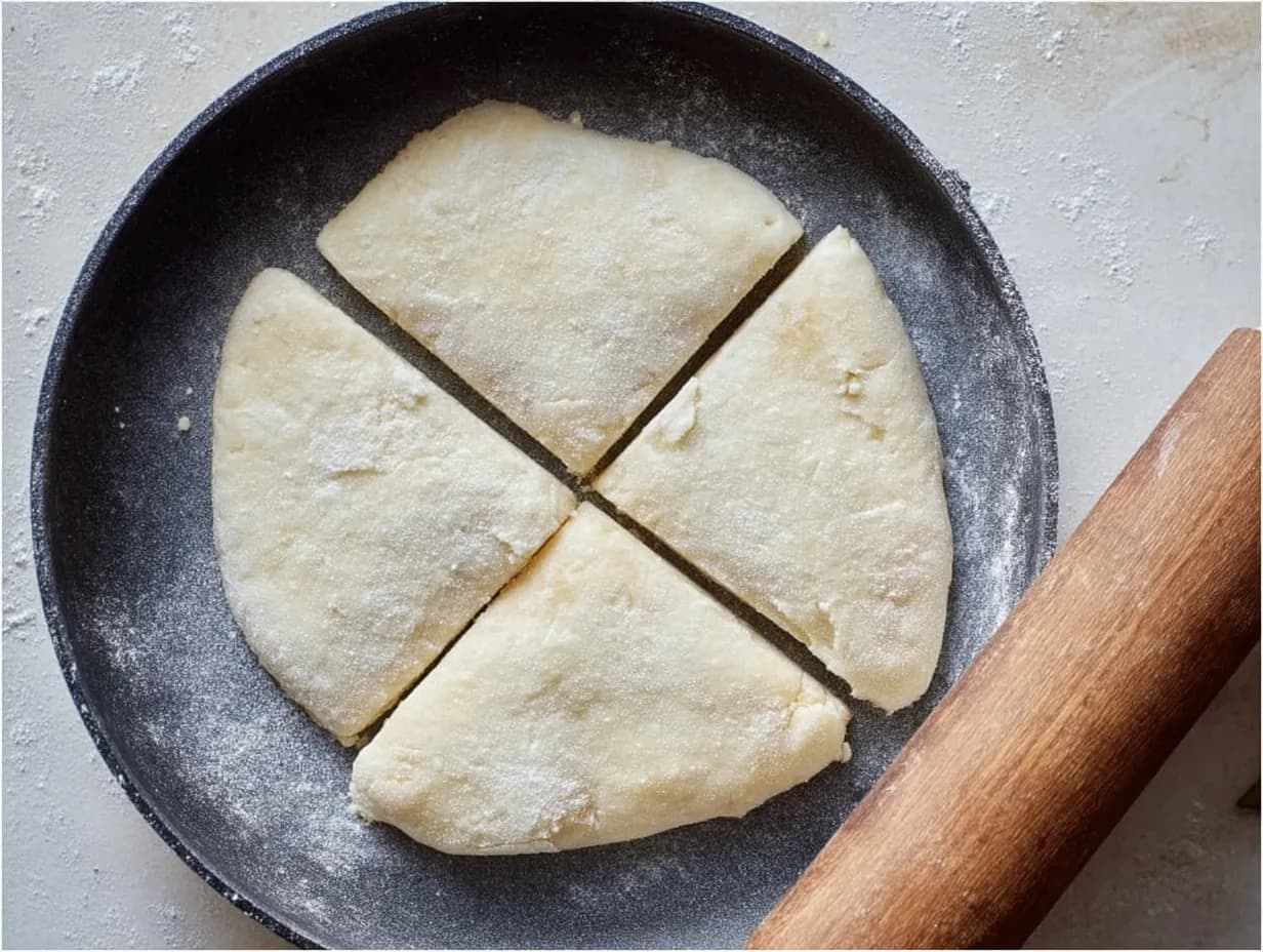 Round potato dough cut into four triangular farls on a floured pan with a wooden rolling pin, ready to cook.