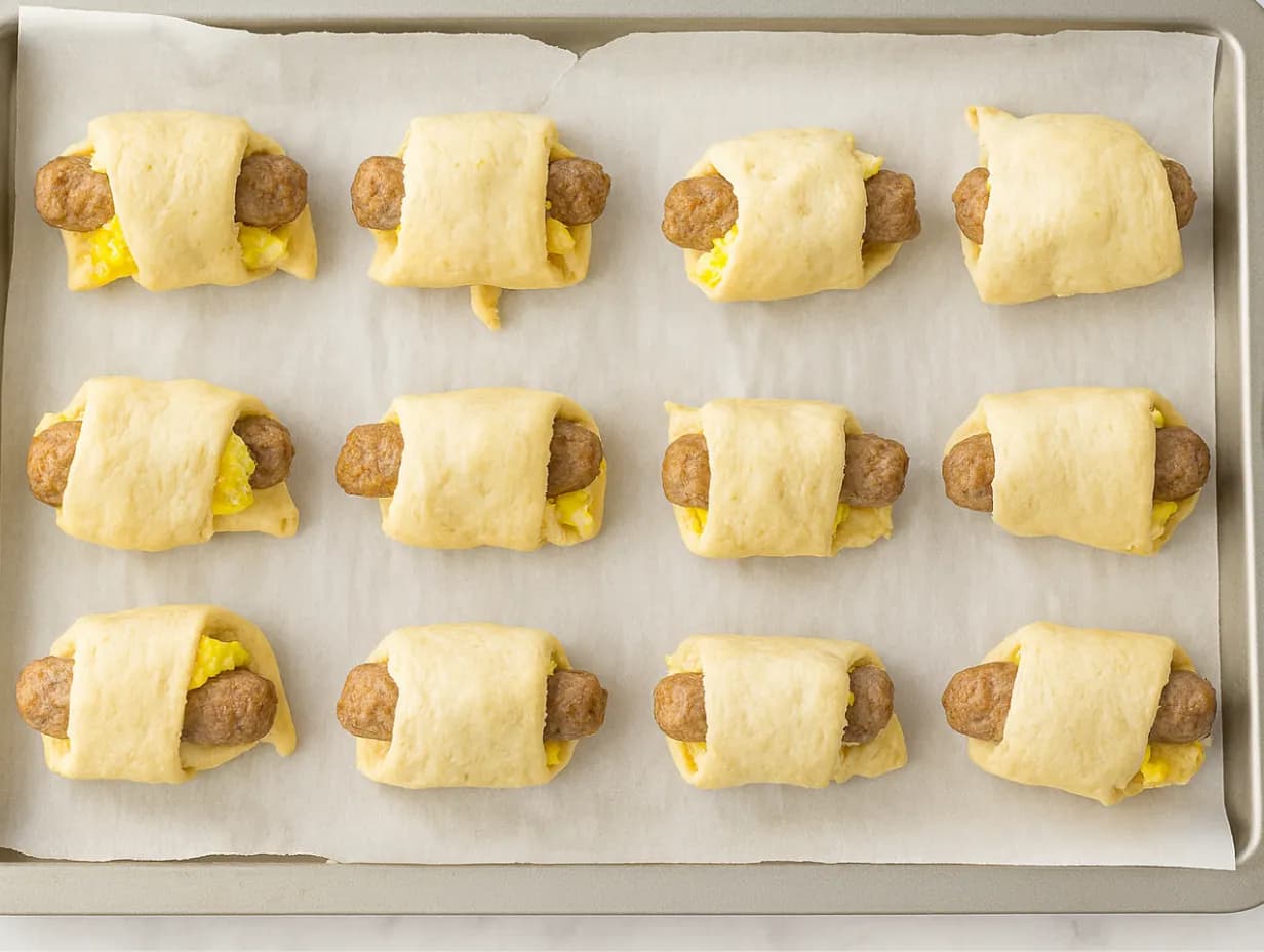 Rolled sausage egg and cheese crescents ready to bake on a sheet pan.