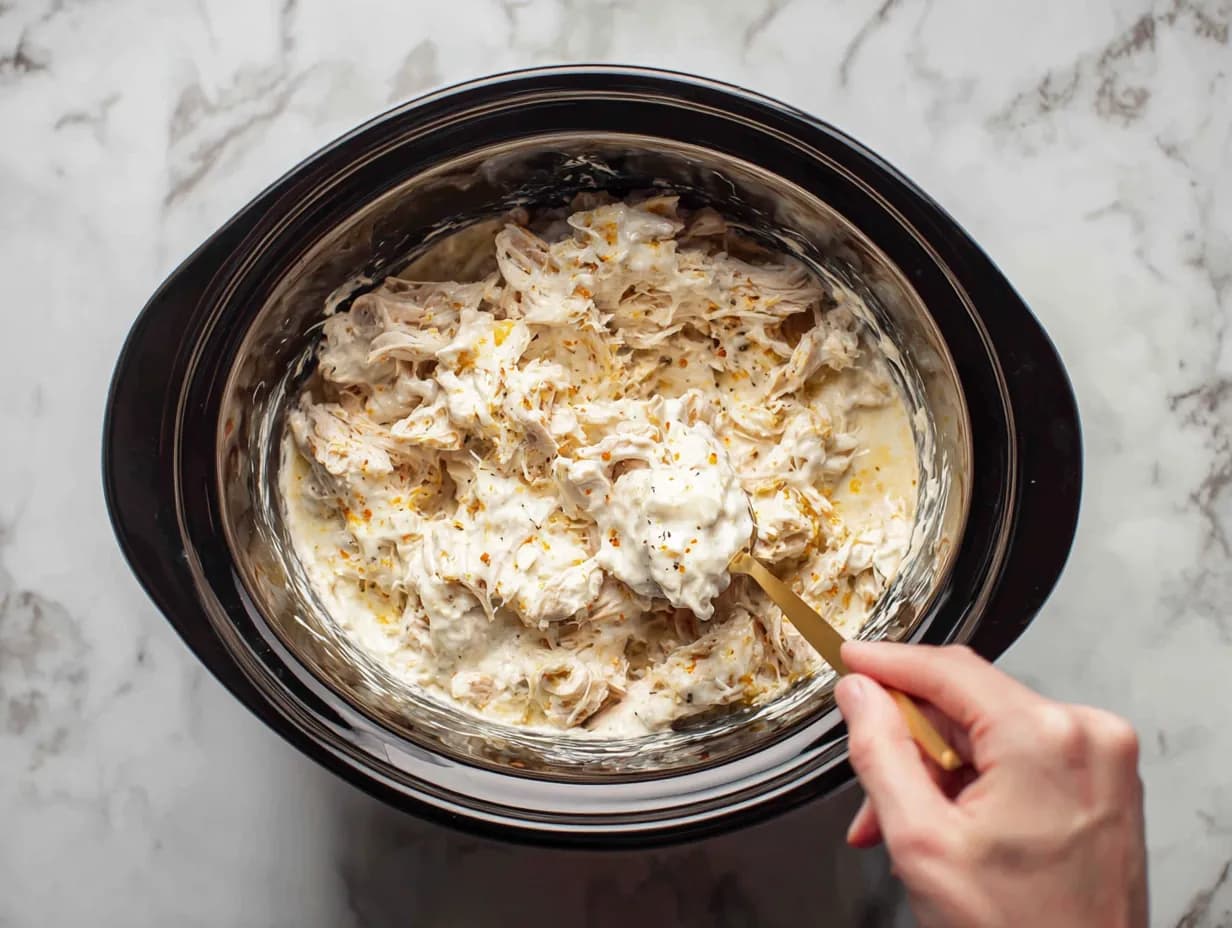 Shredded chicken stirred with melted cream cheese in a crockpot.
