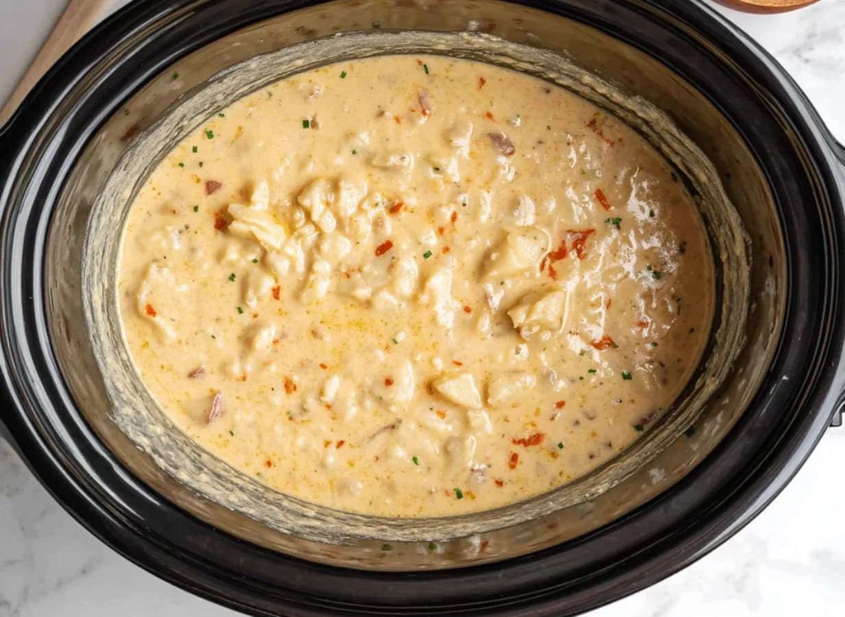 Creamy Crockpot Potato Soup in slow cooker, thick and ready to serve.