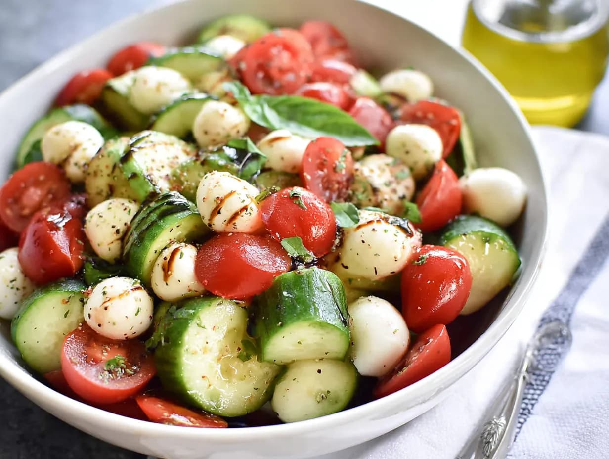 Cucumber Caprese Salad tossed with balsamic-herb dressing and fresh basil