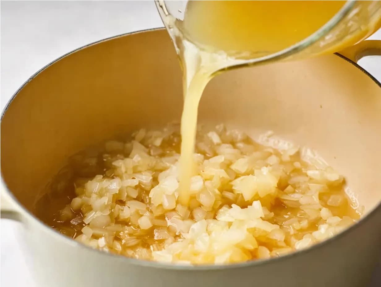 Golden chicken broth being poured into sautéed onions and butter inside a cream-colored Dutch oven to create a smooth soup base.