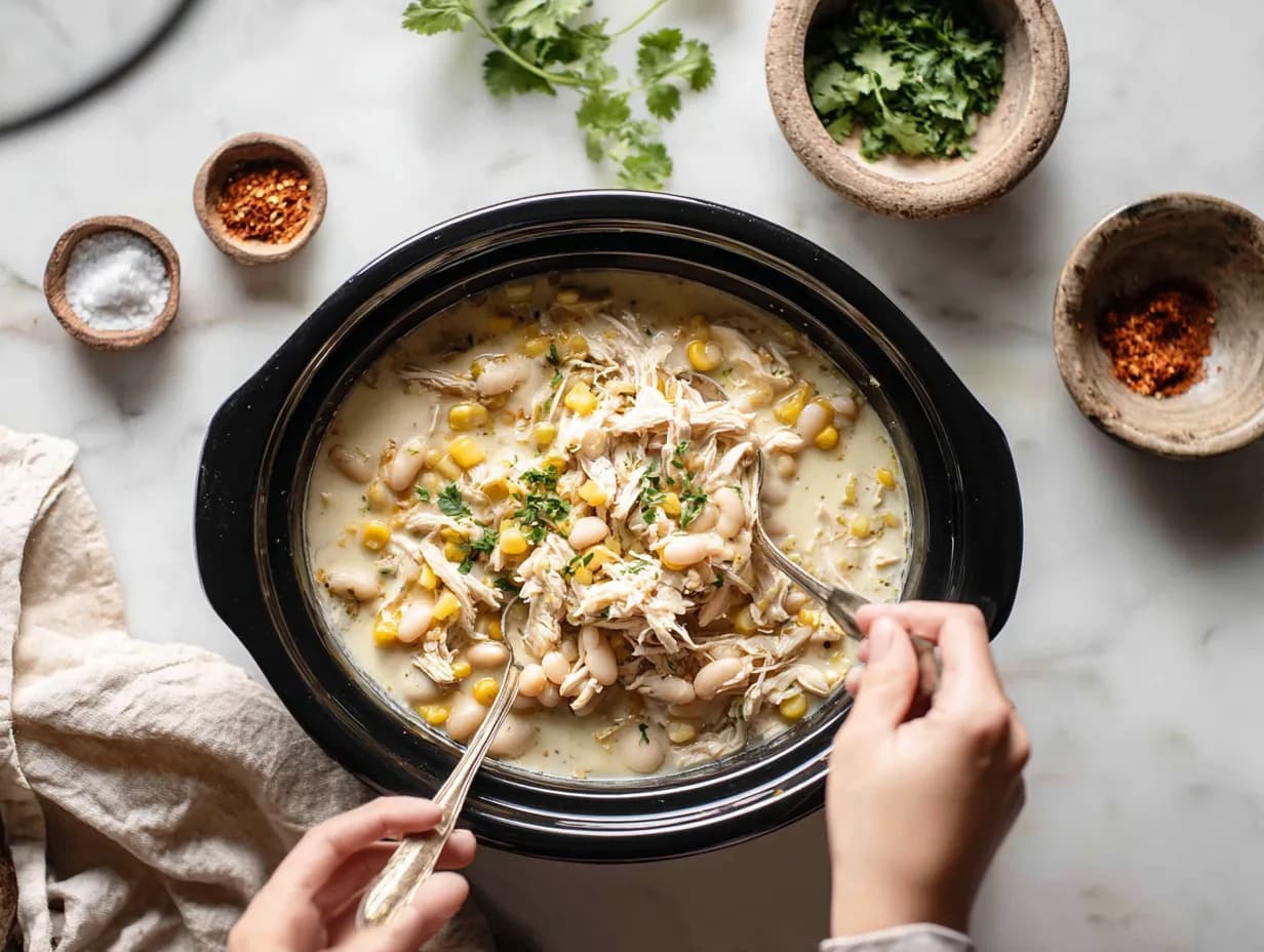 Shredding tender chicken with forks into creamy white chili inside a black crockpot on a white marble surface