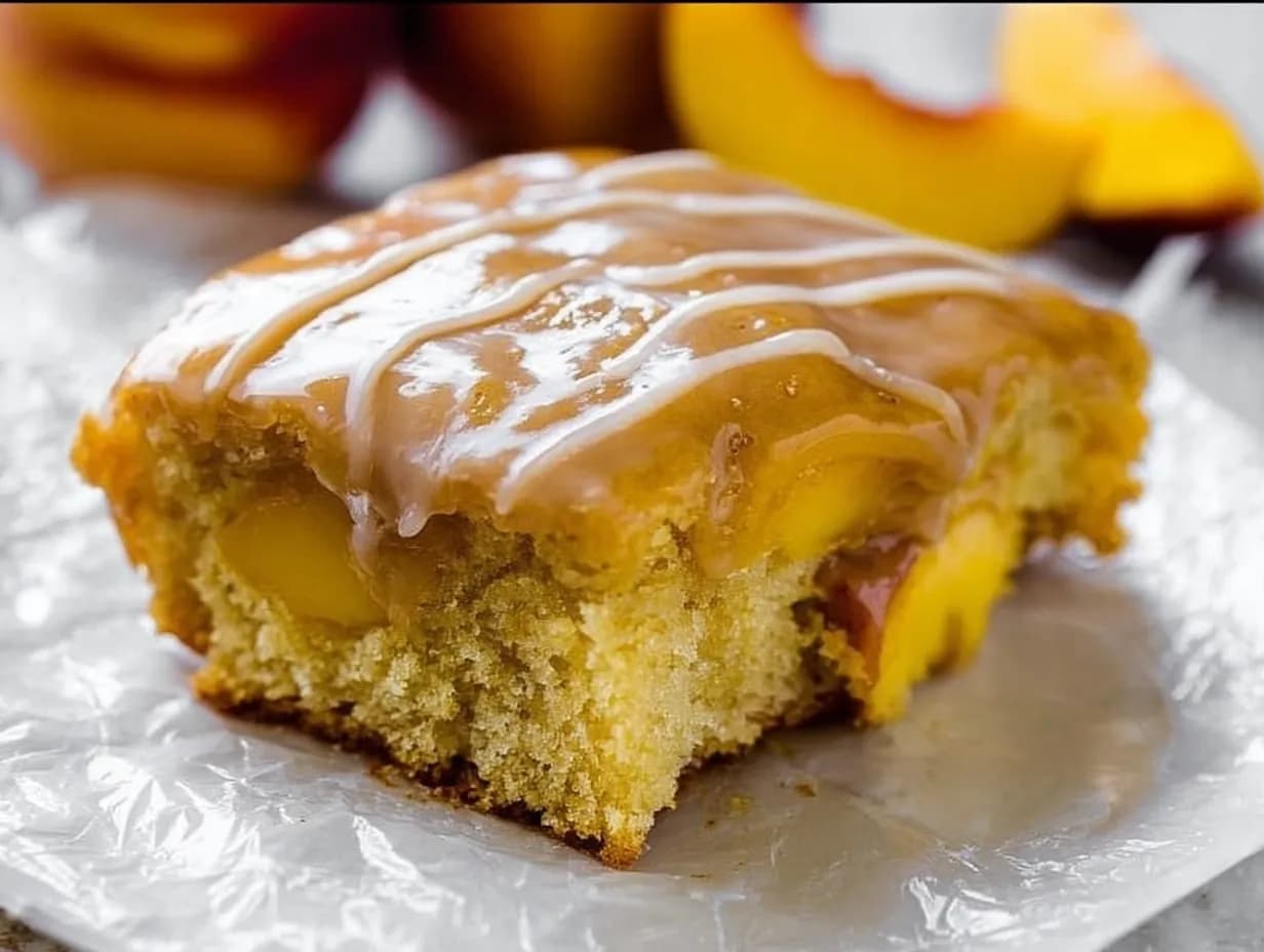 Brown Sugar Peach Cake slice cooling with glossy caramel frosting set on top
