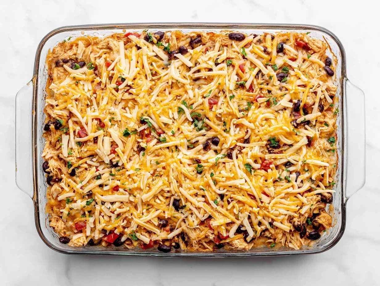 Chicken Burrito Casserole topped with melted cheese and baked until golden Brown
