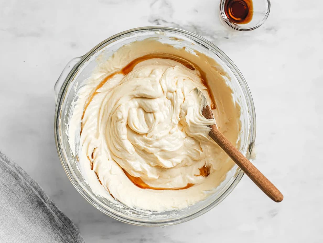 Vanilla extract being folded into cream cheese pound cake batter in a mixing bowl