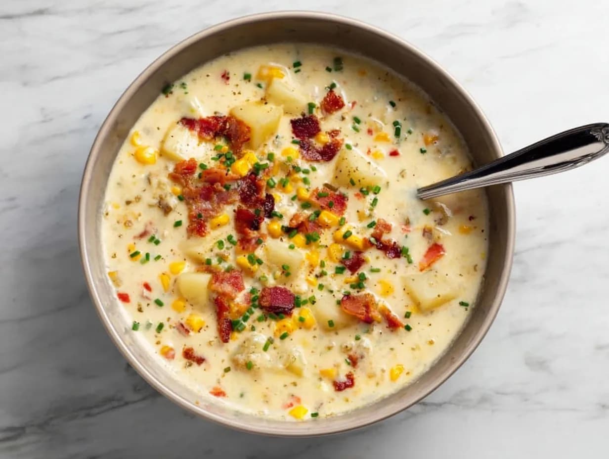 Finished creamy corn chowder with bacon, potatoes, and corn, ready to serve in a bowl with a spoon.