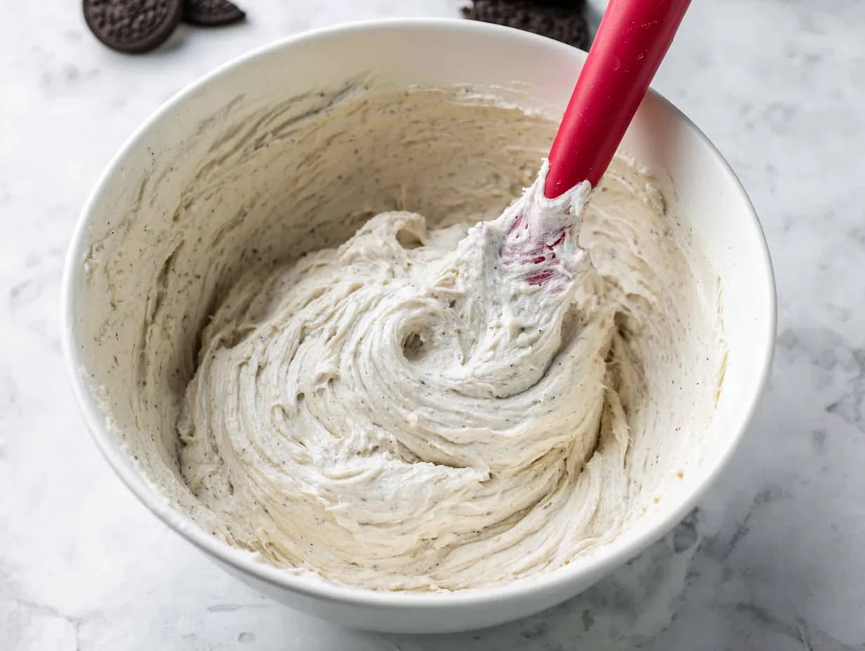 Finished Oreo cream cheese frosting in a white mixing bowl with spatula
