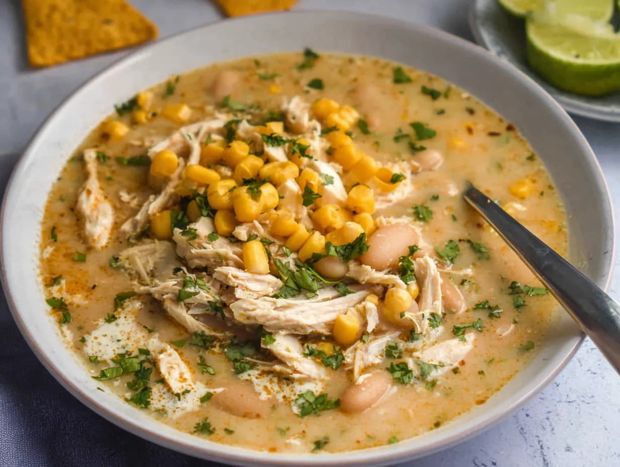 Creamy white chicken chili served in a ceramic bowl with shredded chicken, corn, and cilantro on top