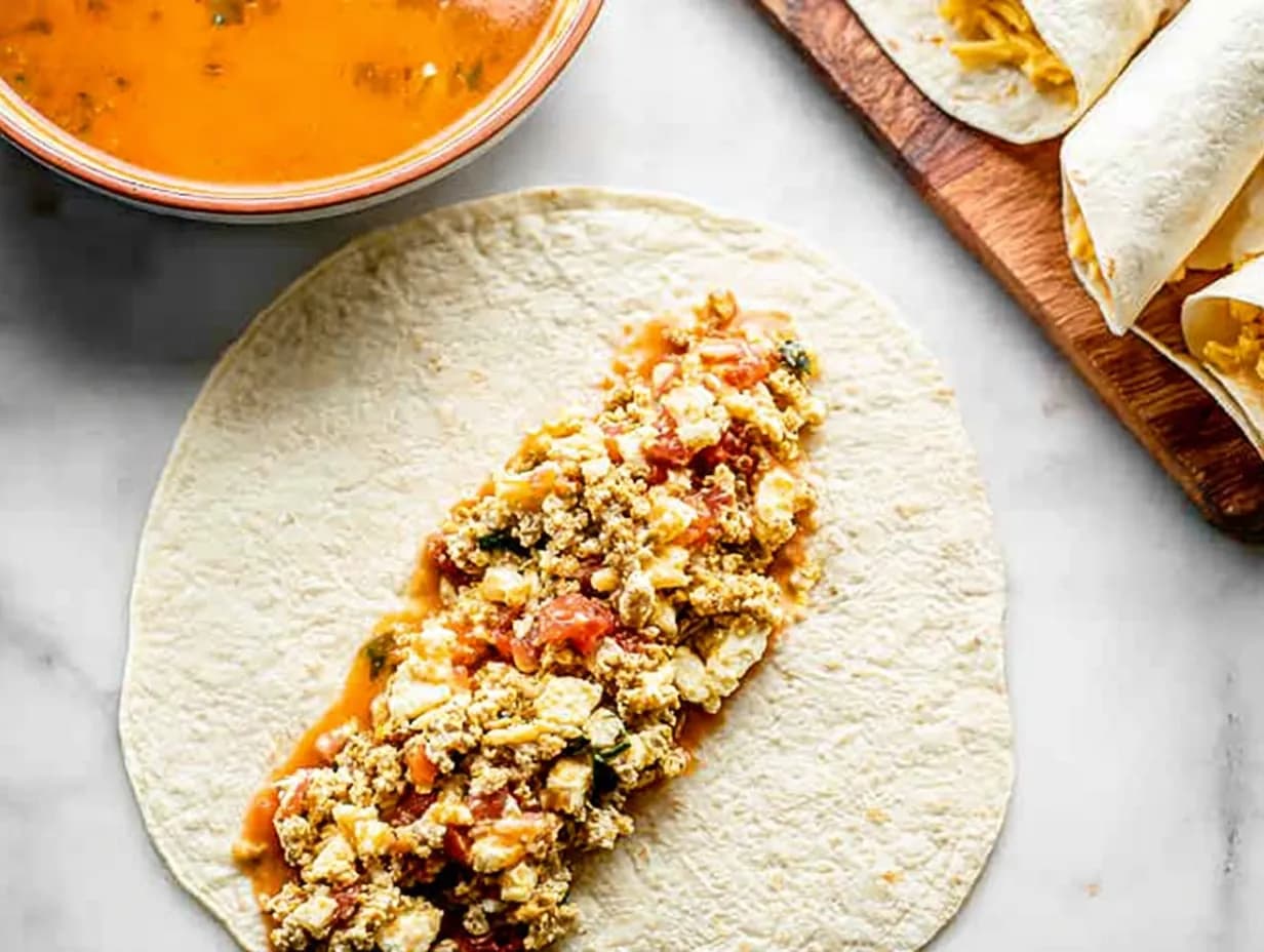 filling placed on tortilla before rolling breakfast enchiladas