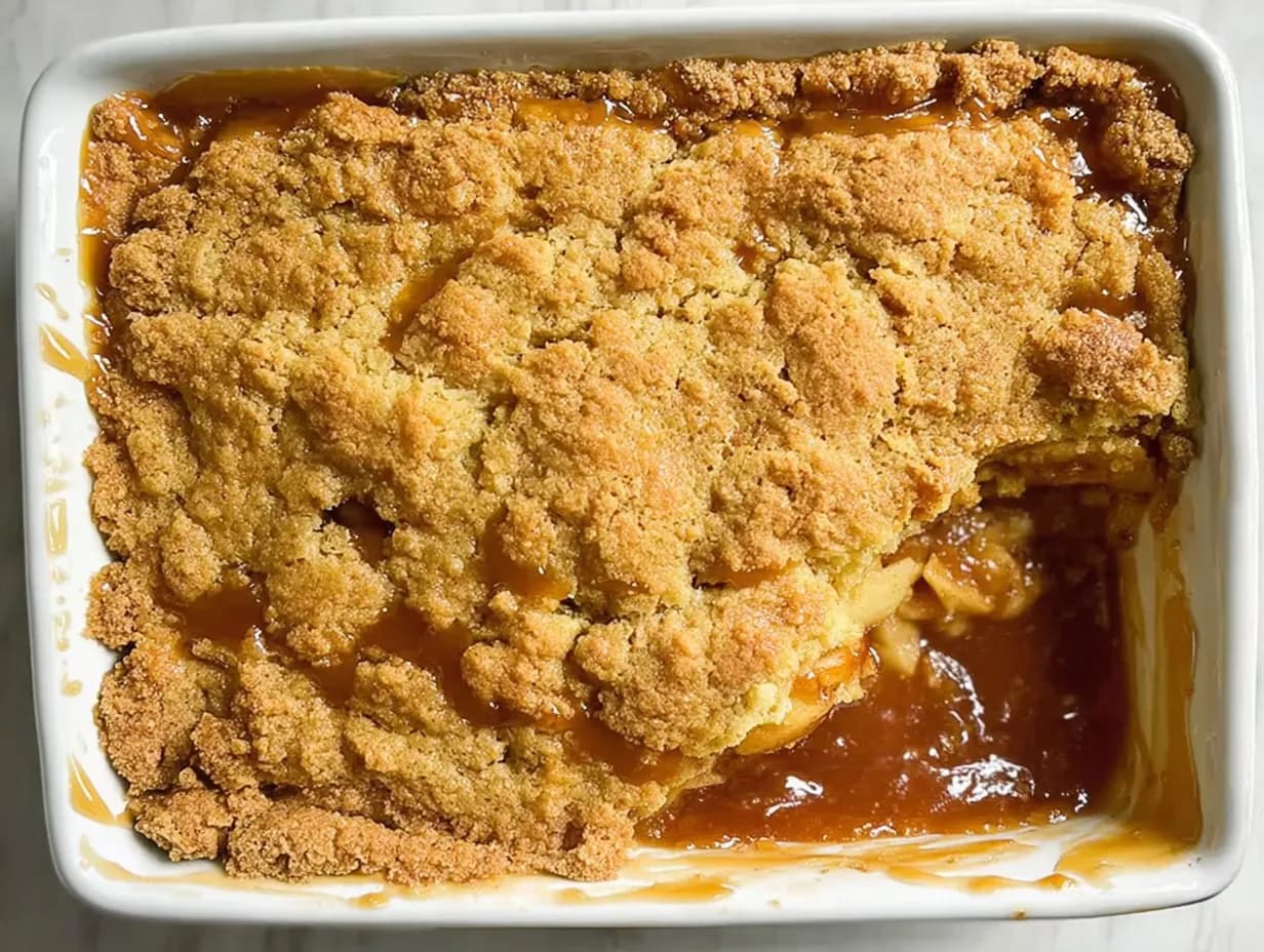 Golden-brown Caramel Apple Dump Cake fresh out of the oven, showing bubbling caramel around the edges in a white baking dish.