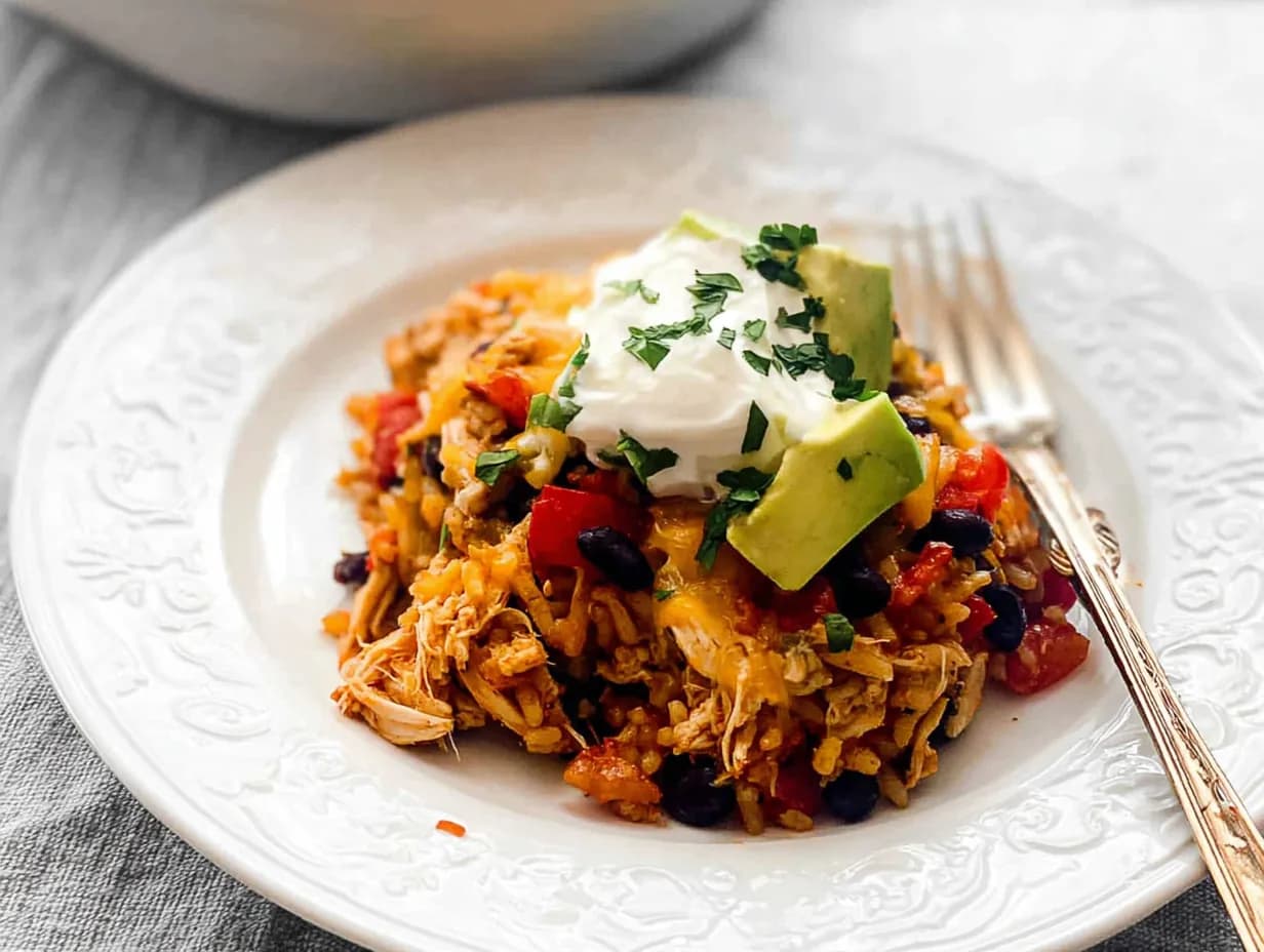 A serving of Chicken Burrito Casserole topped with avocado and sour cream on a white plate