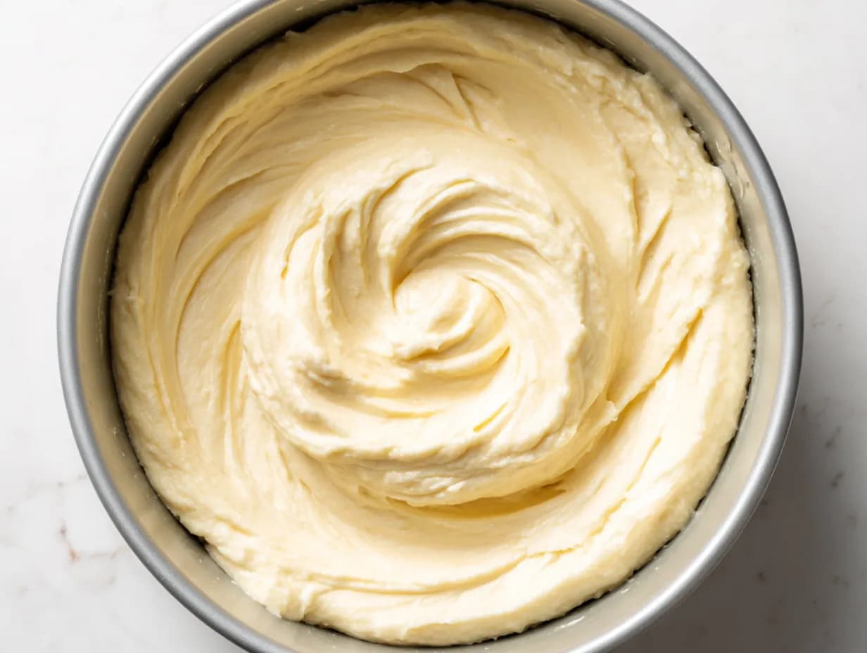 Cream cheese pound cake batter smoothed evenly in a Bundt pan before baking