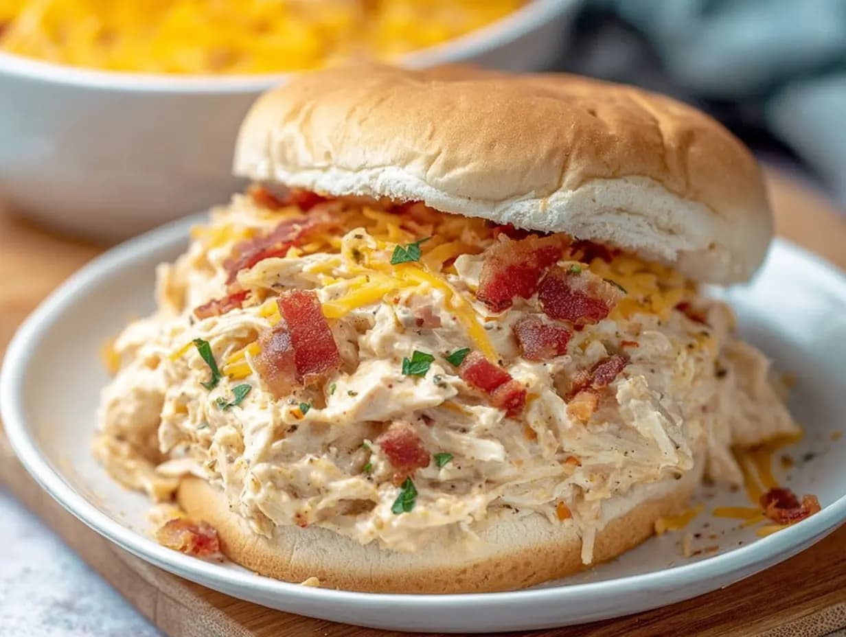 Creamy crockpot crack chicken sandwich topped with melted cheddar, crispy bacon, and chopped green onions, served on a soft bun.