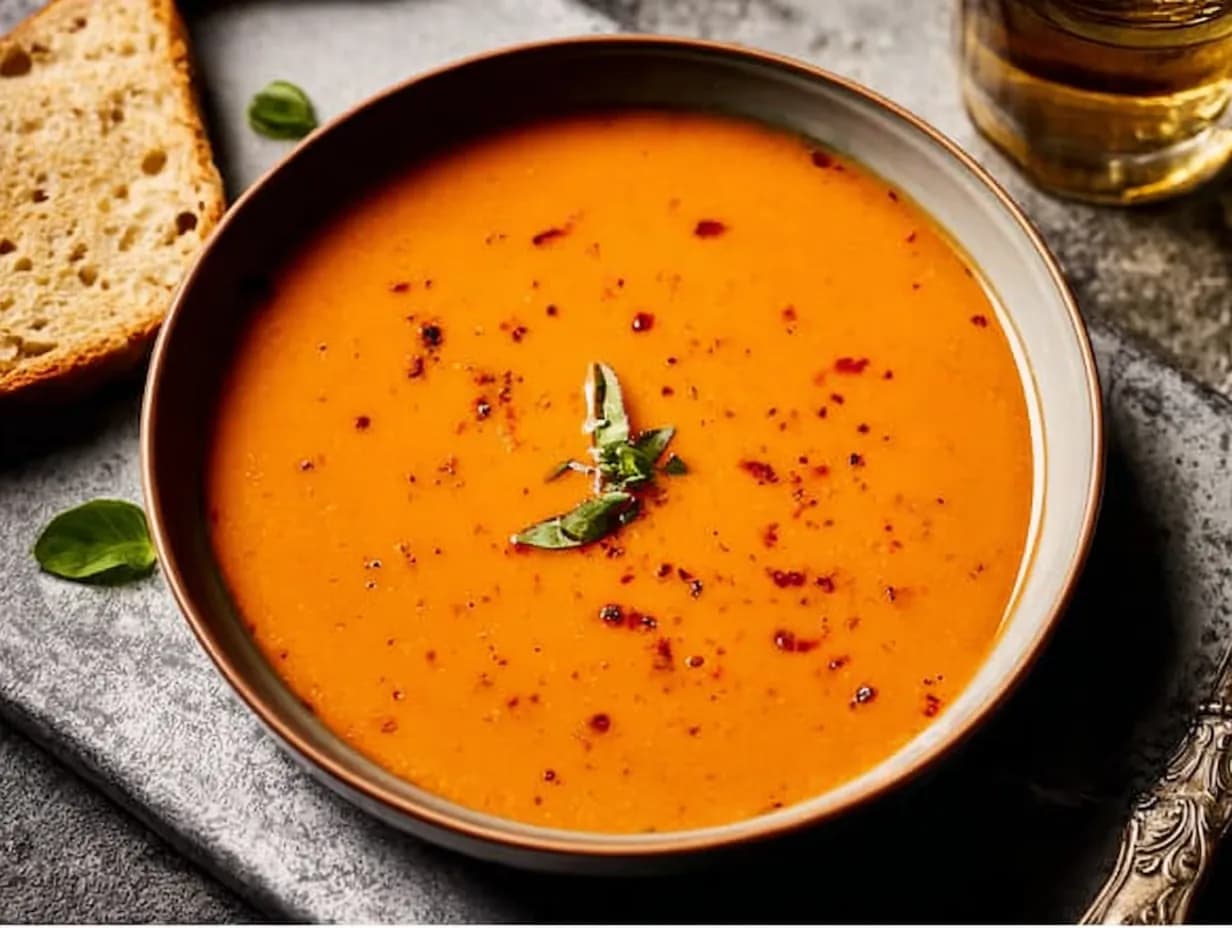 Bowl of creamy roasted garlic tomato soup topped with basil and chili oil served with bread