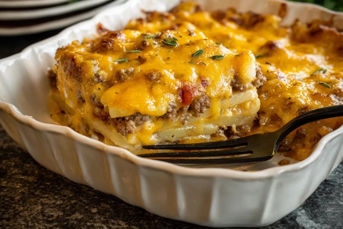 A baked Campfire Beef and Potato Casserole (Hobo Casserole) with golden melted cheese and visible layers of potatoes and beef in a white dish.