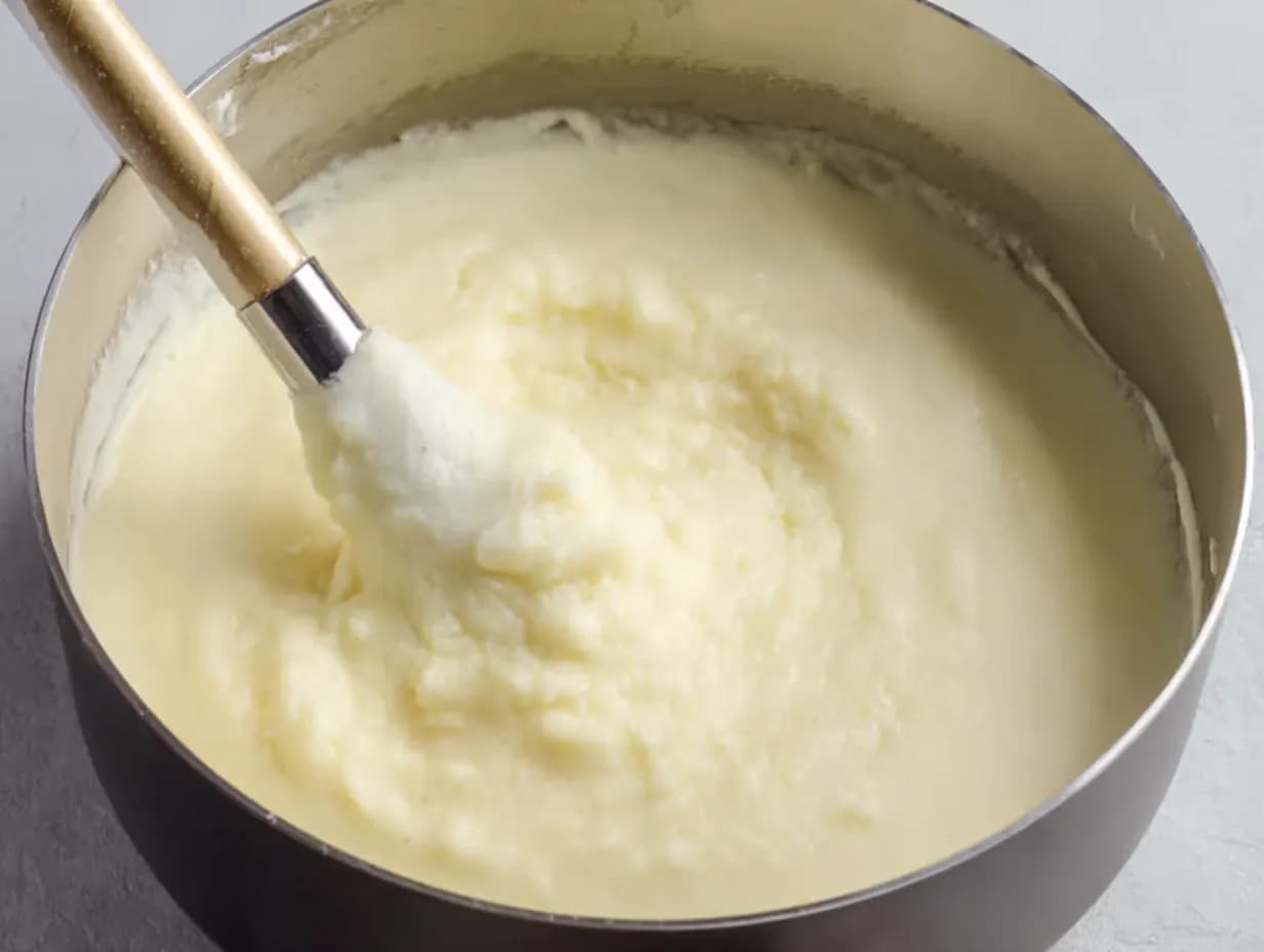 Creamy blended potato soup in a saucepan being stirred until smooth, creating the rich base for shepherd’s pie soup.