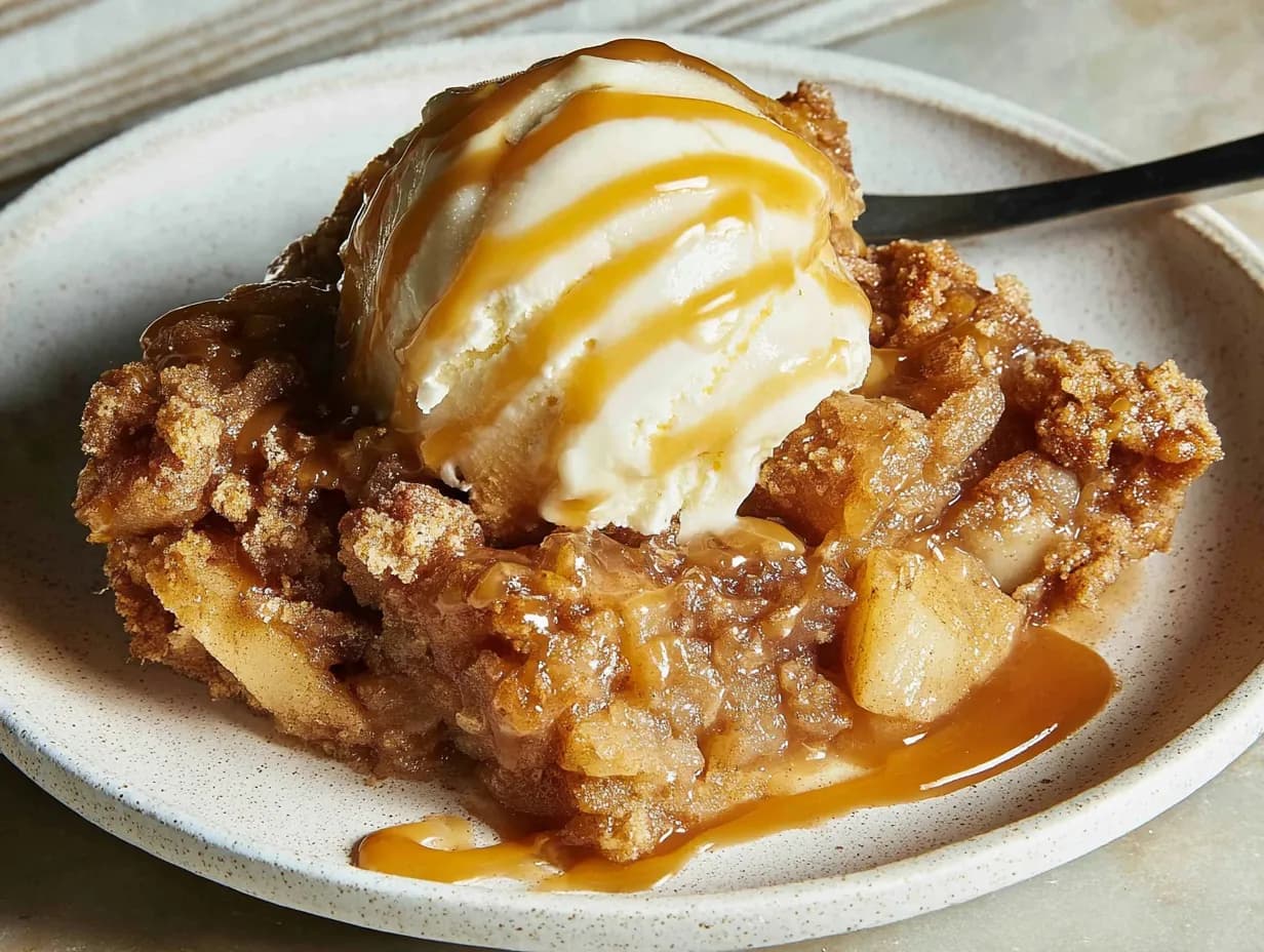 Slice of Caramel Apple Dump Cake topped with vanilla ice cream and caramel drizzle on a neutral ceramic plate.