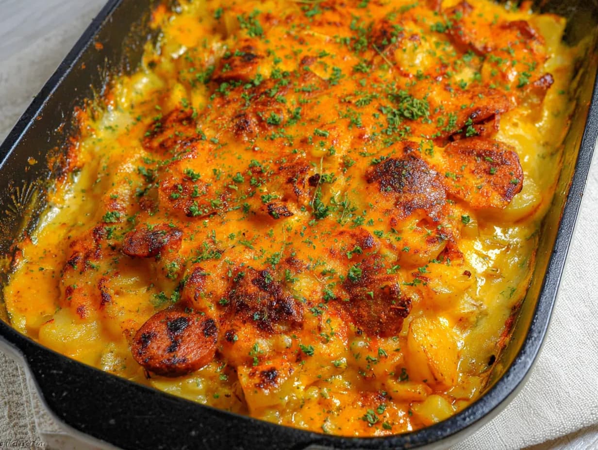Freshly baked cheesy ranch potatoes and smoked sausage casserole in a pan, golden and bubbly with melted cheddar.