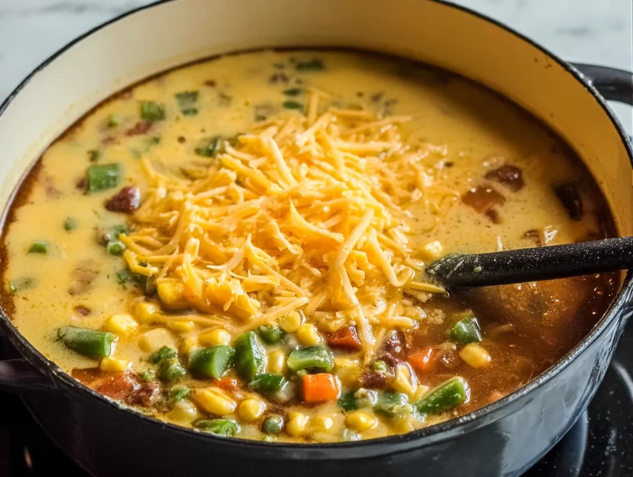 Creamy shepherd’s pie soup simmering in a Dutch oven with colorful vegetables and melted cheddar cheese on top.