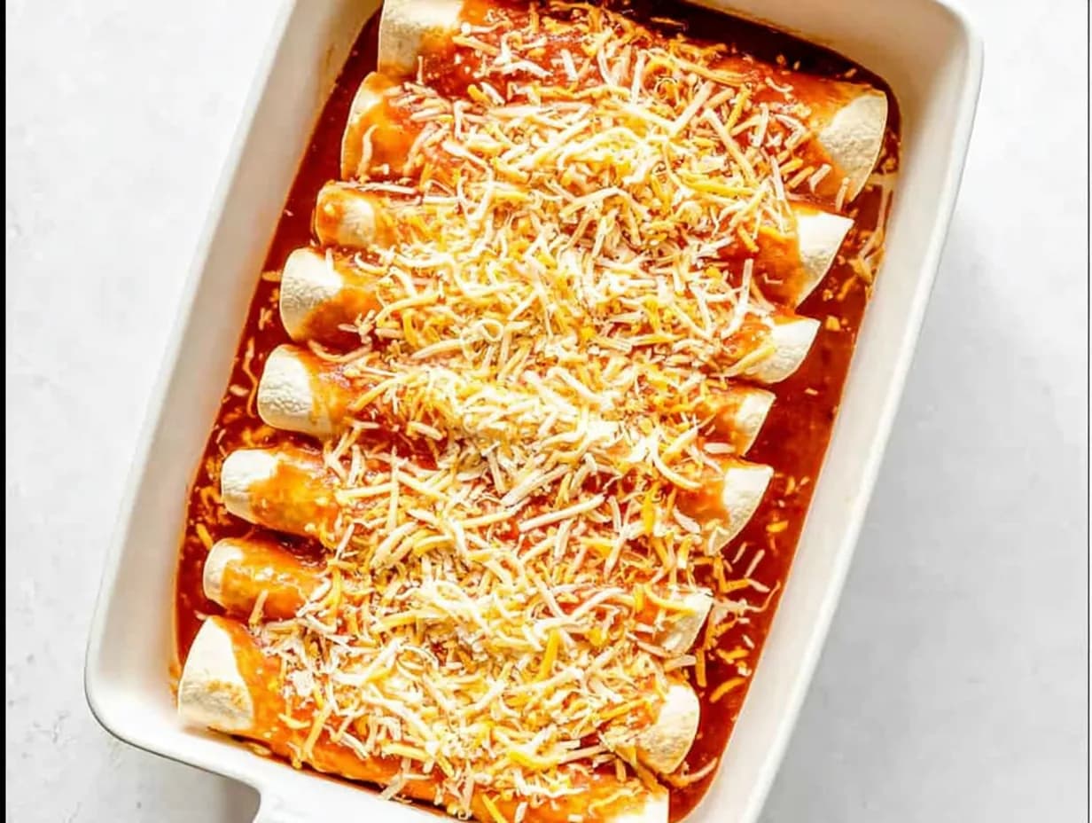 unbaked breakfast enchiladas topped with sauce and cheese in baking dish