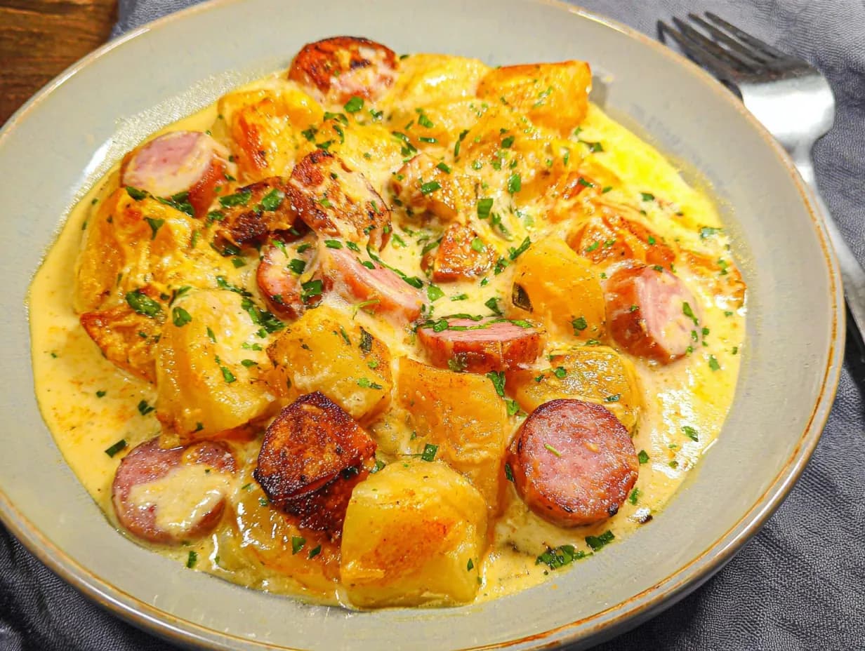Serving of cheesy ranch potatoes and smoked sausage casserole on a plate, creamy sauce coating golden potatoes and sausage slices.