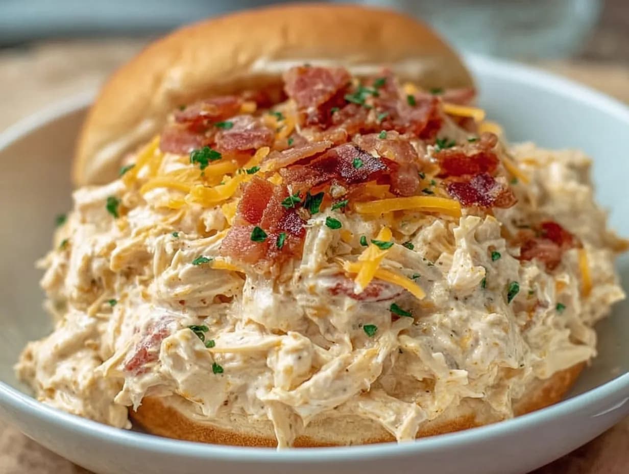 Creamy crockpot crack chicken sandwich topped with cheddar, bacon, and green onions.
