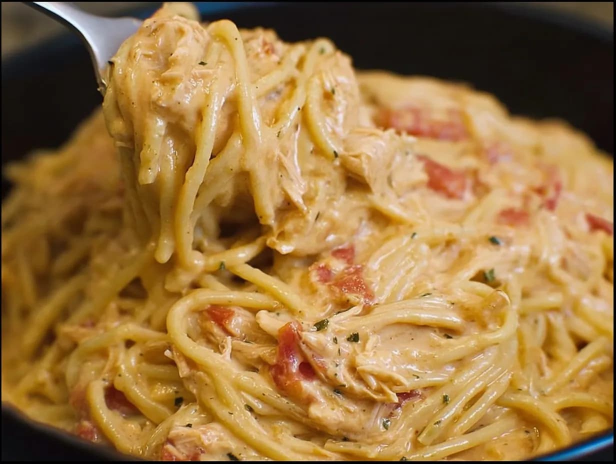 Creamy crockpot chicken spaghetti with melted cheese and tender chicken