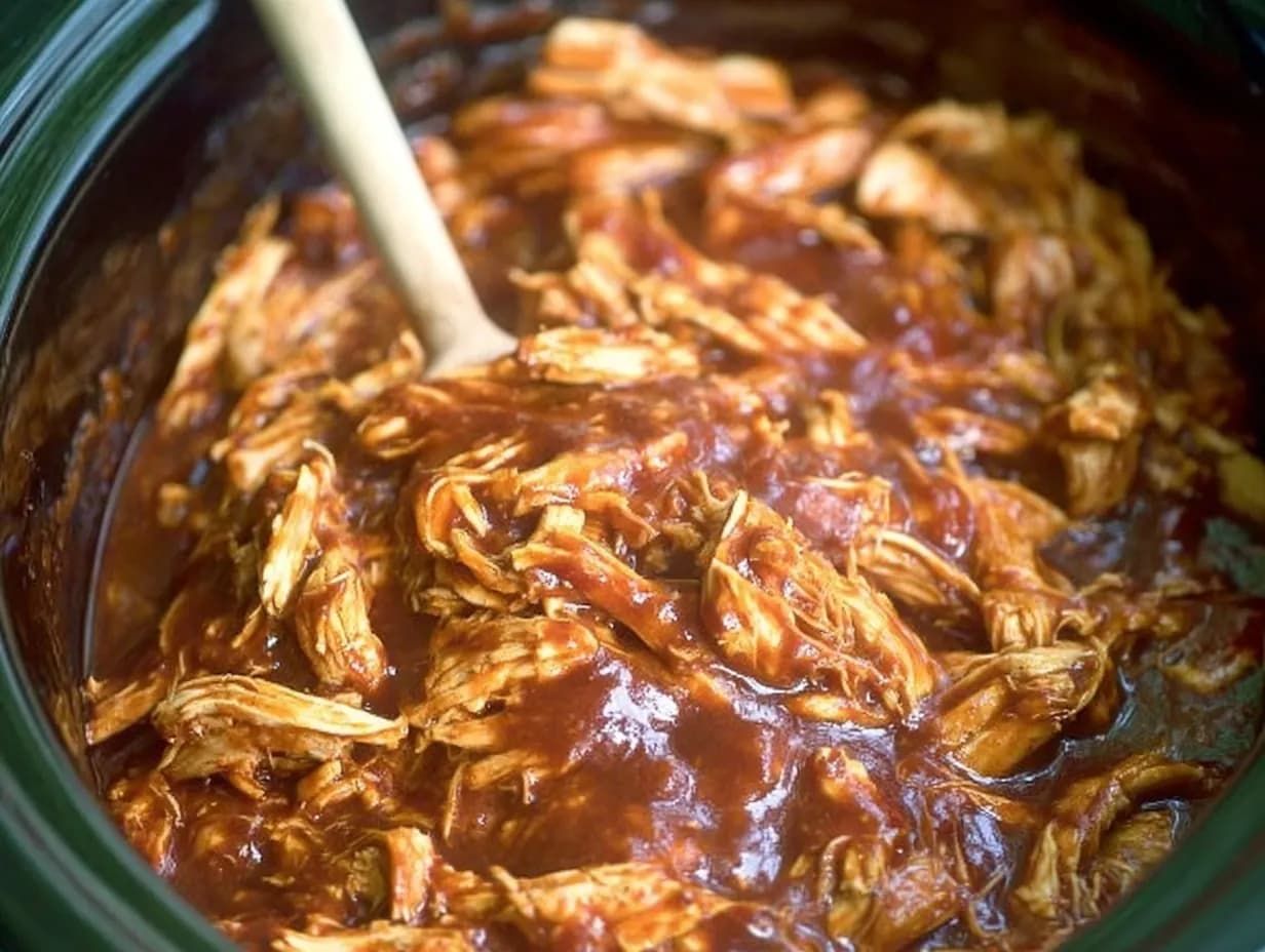 Crockpot BBQ chicken shredded in rich sauce inside slow cooker