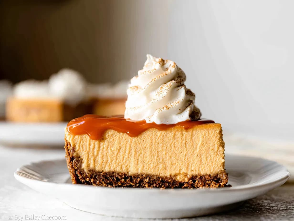 No Bake Pumpkin Cheesecake slice with caramel drizzle and whipped cream