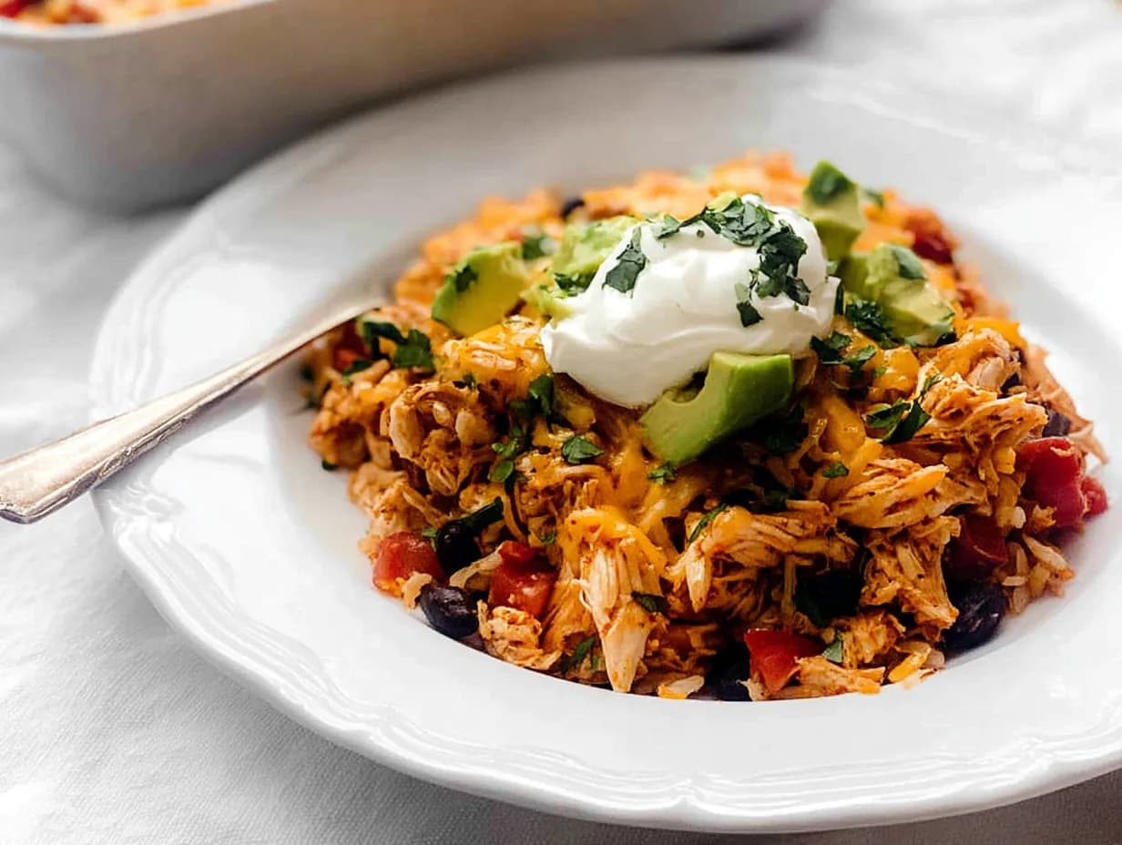 Cheesy Chicken Burrito Casserole baked golden with corn, black beans, and bell Peppers