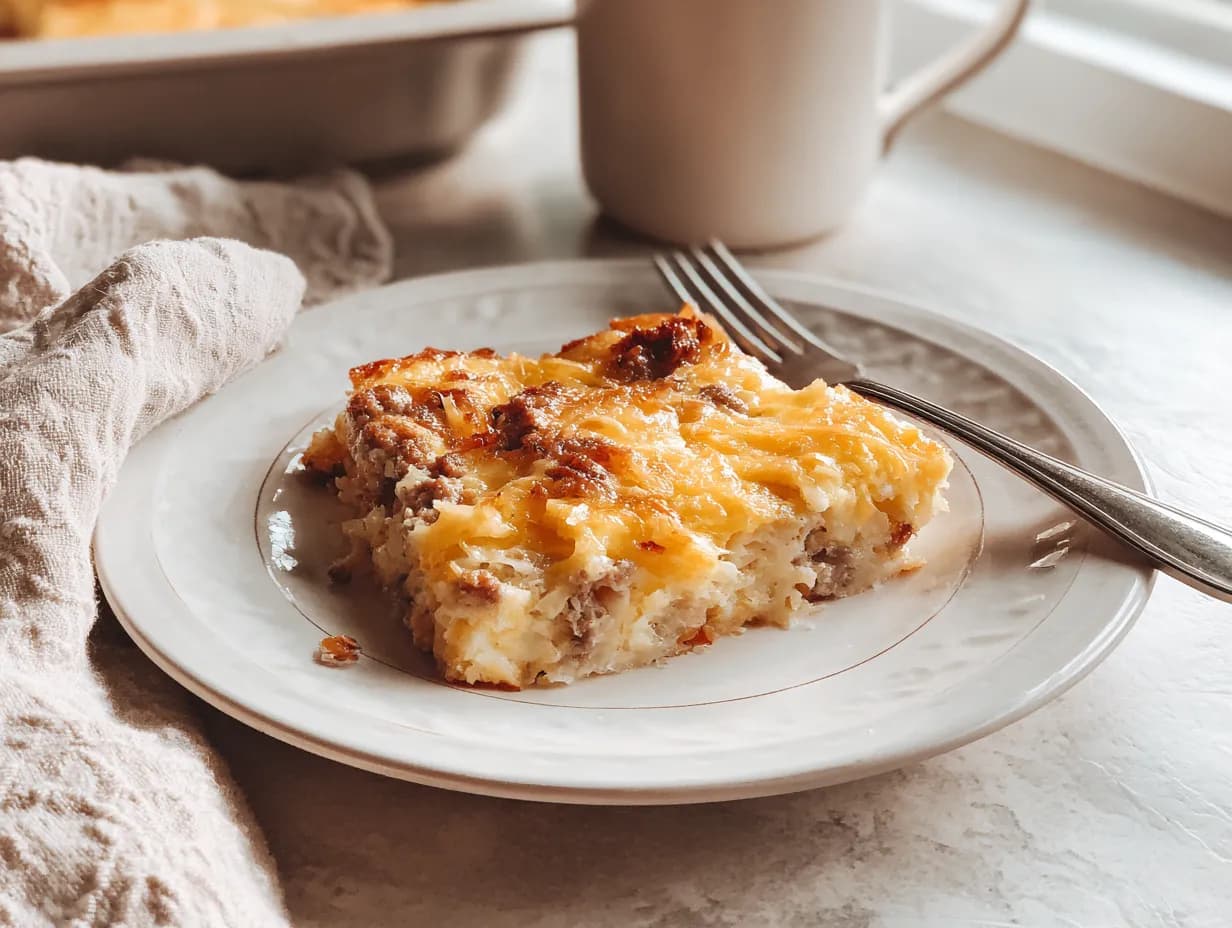 Slice of sausage hashbrown breakfast casserole with melted cheddar cheese, sausage crumbles, and golden hash browns served on a white plate.