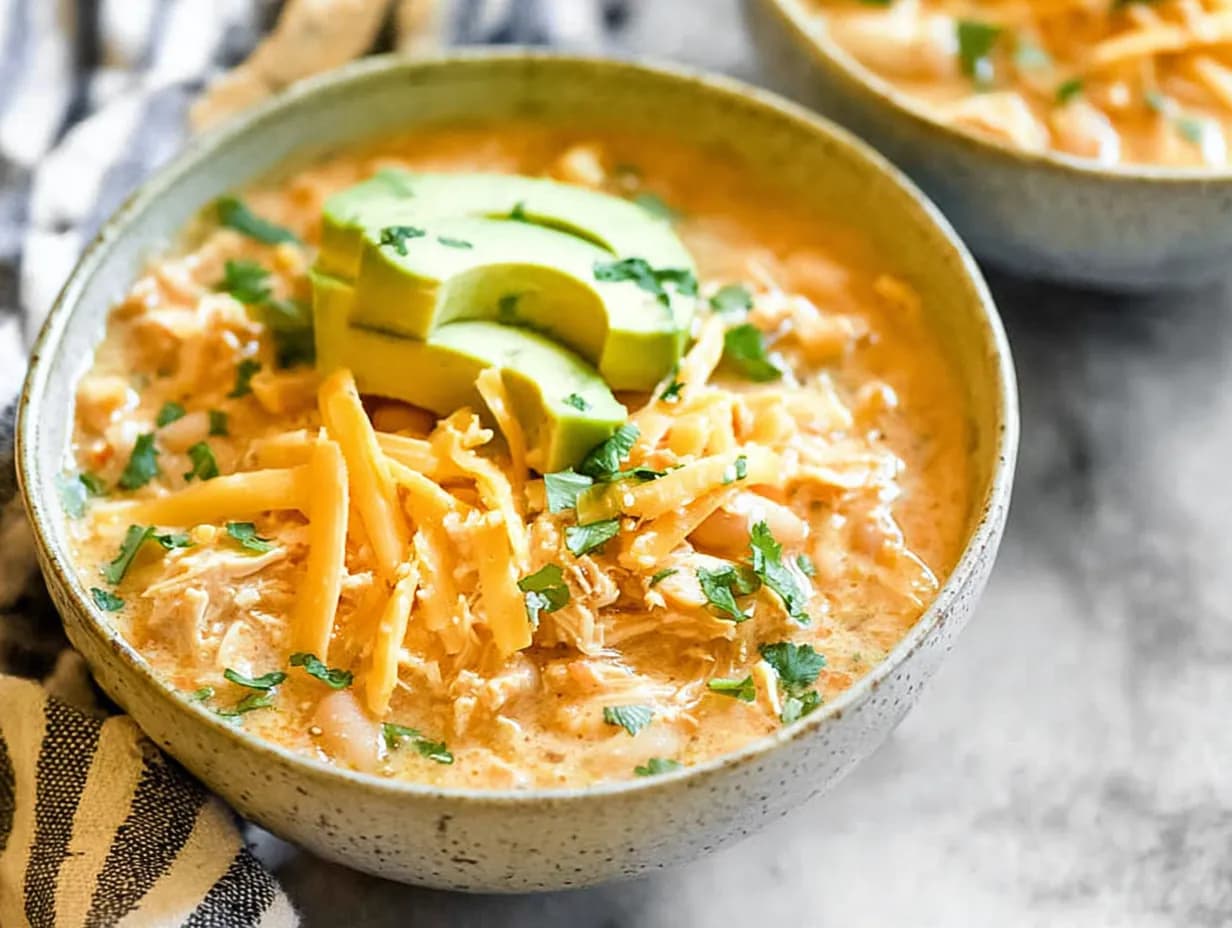 Creamy white chicken chili topped with avocado, shredded cheese, and fresh cilantro in a cozy bowl