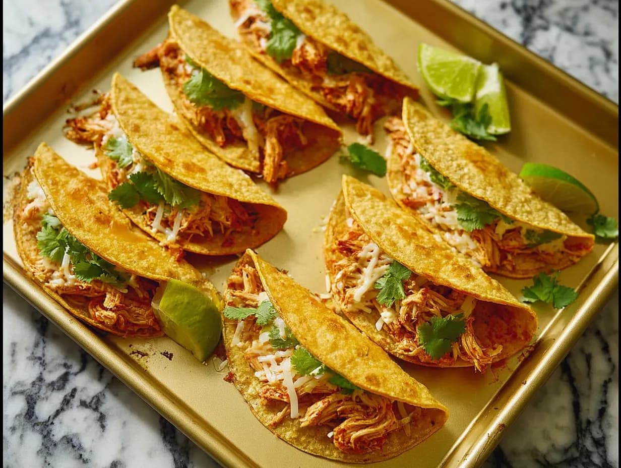 Crispy baked chicken tacos topped with cilantro and served with fresh lime wedges