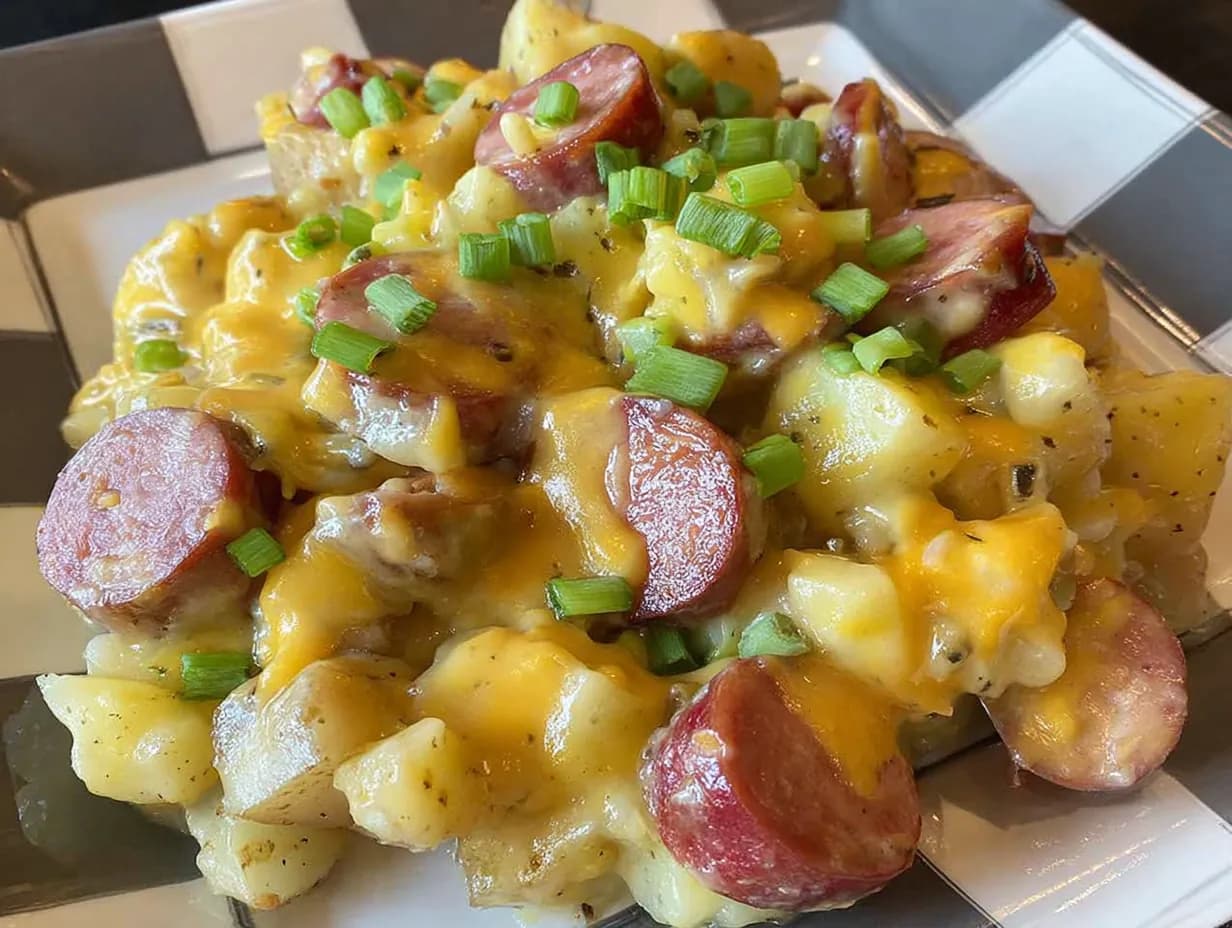 Crockpot Cheesy Potatoes and Kielbasa served with green onions
