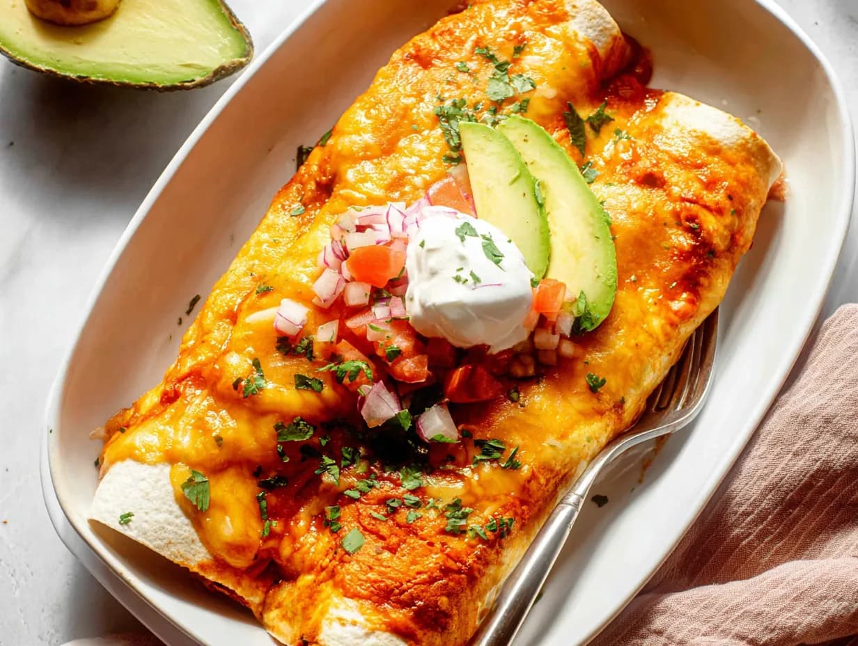 baked breakfast enchiladas with melted cheese topped with avocado sour cream and fresh herbs