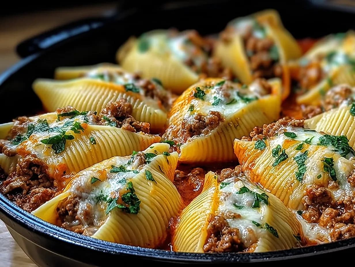 Beef stuffed shells with creamy ricotta filling in marinara sauce