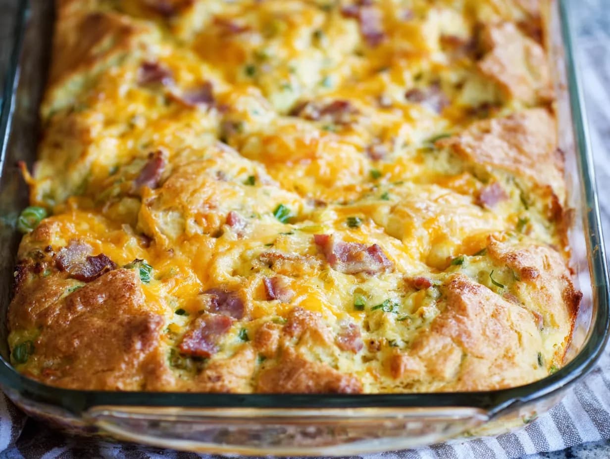 Crescent Roll Breakfast Casserole baked golden brown in a glass dish