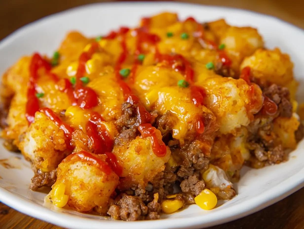 Cowboy casserole served on a plate with crispy Tater Tots, beef, and corn