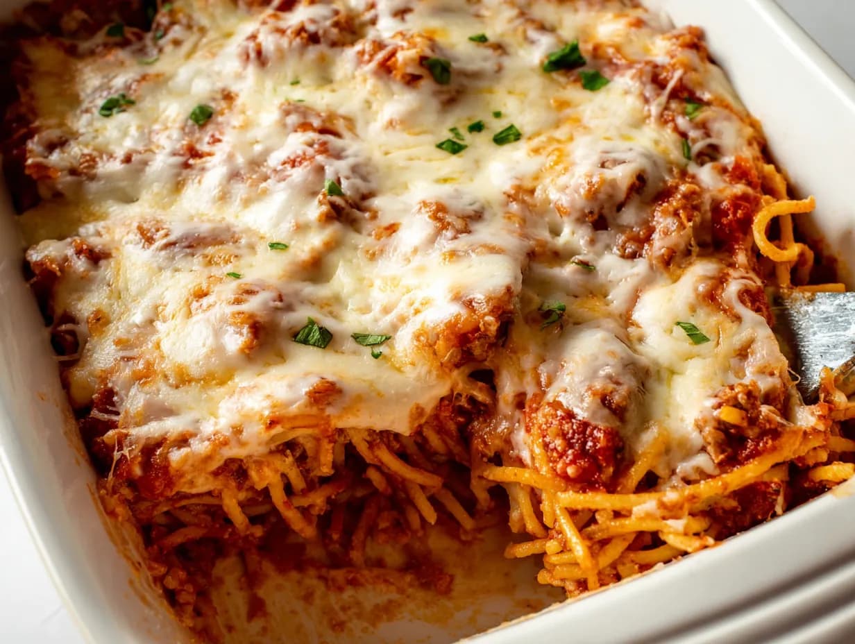 baked cream cheese spaghetti casserole with melted cheese topping