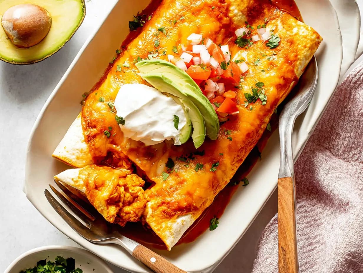 baked breakfast enchiladas with melted cheese topped with avocado sour cream and fresh herbs