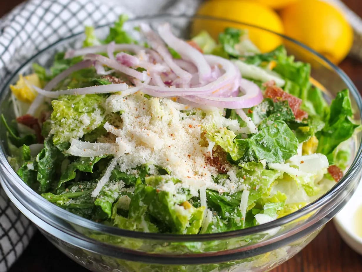 Bowl of parmesan chopped salad with romaine lettuce, red onions, grated parmesan cheese, and seasonings