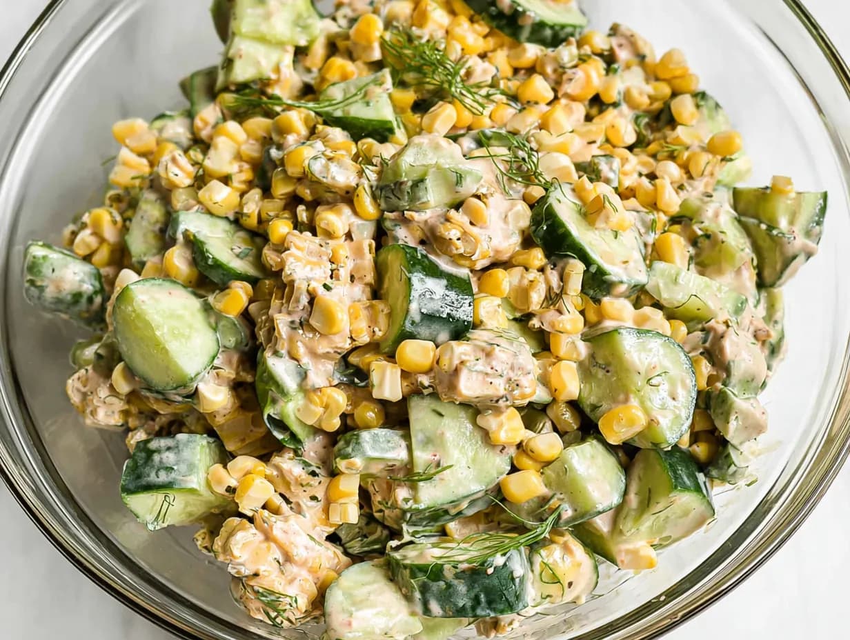 Bowl of creamy Street Corn Cucumber Salad with corn, cucumber, and chicken.