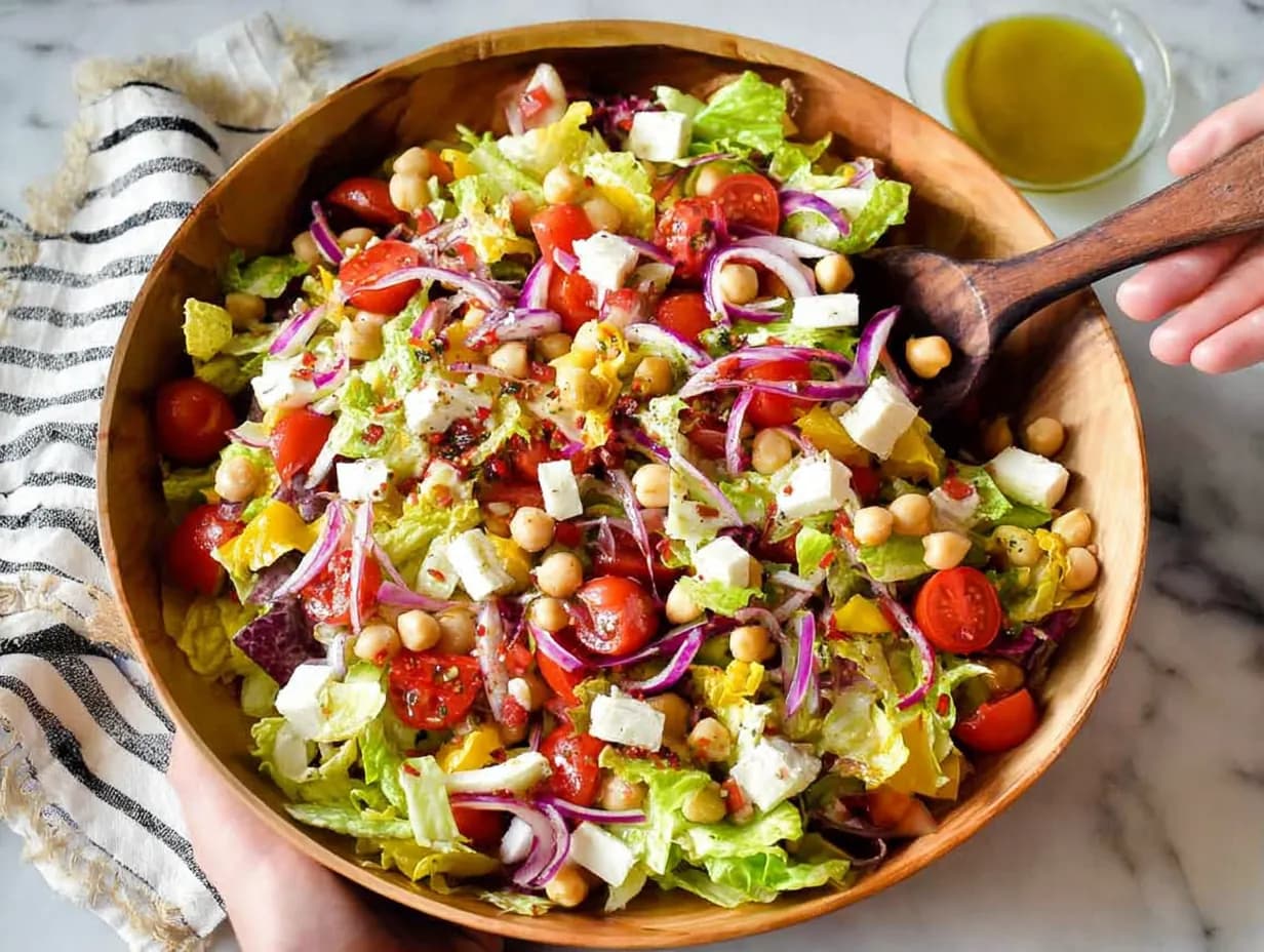 Italian chopped salad with lettuce, cherry tomatoes, chickpeas, mozzarella, and red onion