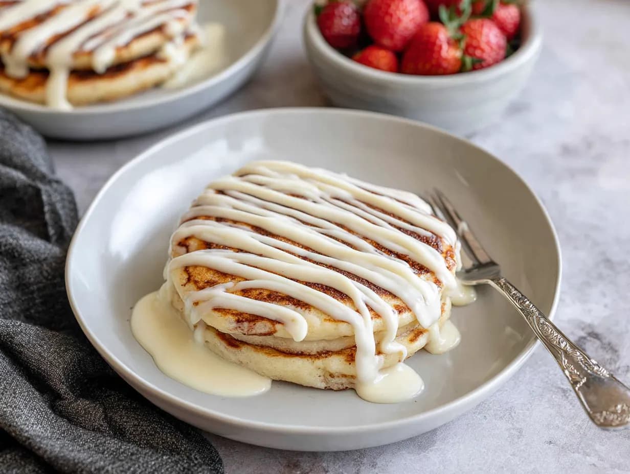 Cinnamon roll pancakes drizzled with cream cheese icing on a plate