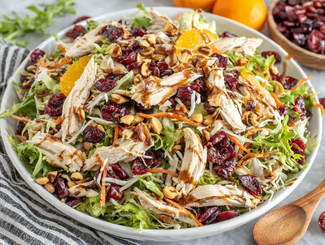 Asian Chicken Cranberry Salad in bowl with mandarin oranges, shredded cabbage, and cranberries