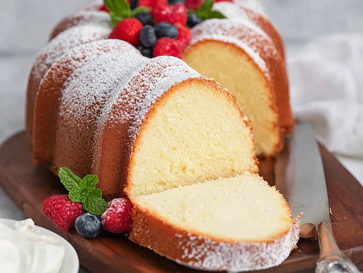 Slice of vanilla Bundt cake dusted with powdered sugar, showing a moist yellow crumb, served on a wooden board with fresh raspberries, blueberries, and mint.