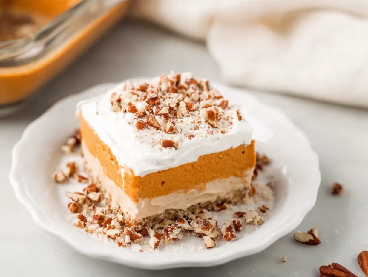 Pumpkin delight dessert slice with whipped topping and pecans