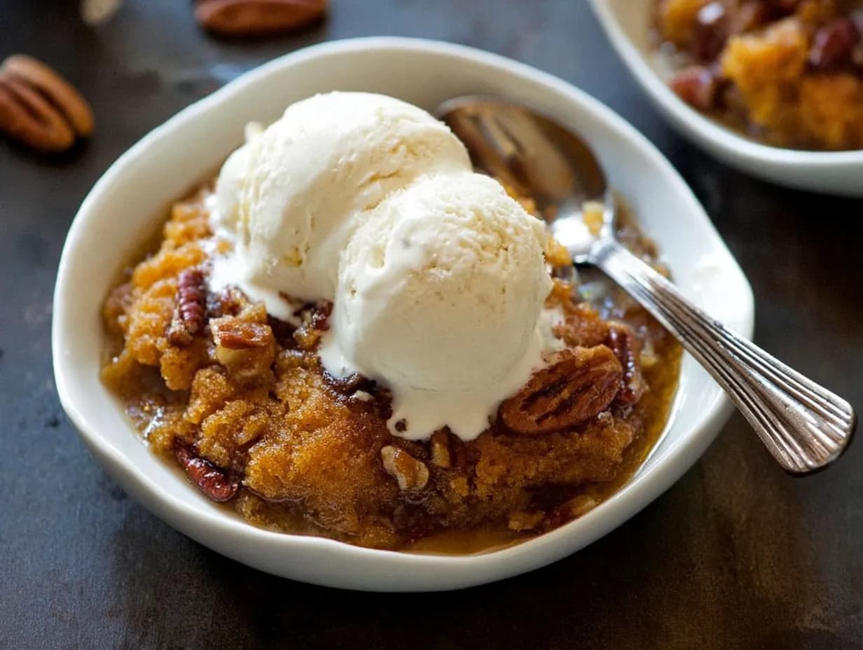 Pumpkin pecan cobbler topped with vanilla ice cream in a white bowl