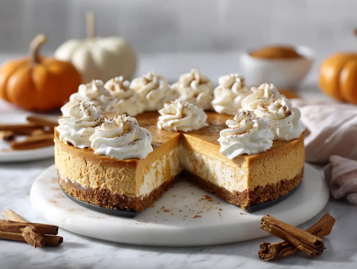 Served no bake pumpkin cheesecake with whipped cream topping and slice removed, surrounded by cinnamon sticks and mini pumpkins